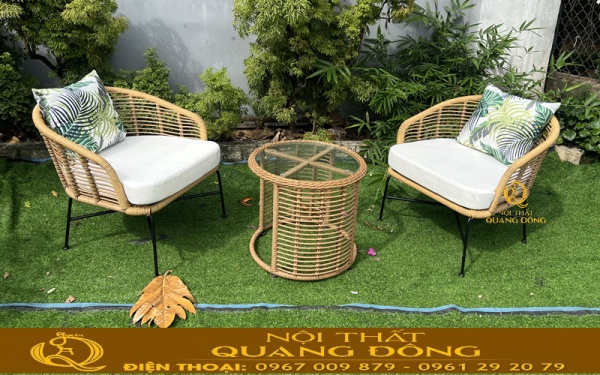 Bàn ghế giả mây QD-2120 đan sợi mây nhựa tròn 8ly có phụ gia kháng tia UV