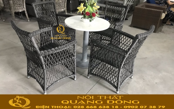 Bộ bàn ghế giả mây QD-293 đan sợi mây nhựa tròn kết hợp kiểu đan caro thoáng đãng đẹp mắt