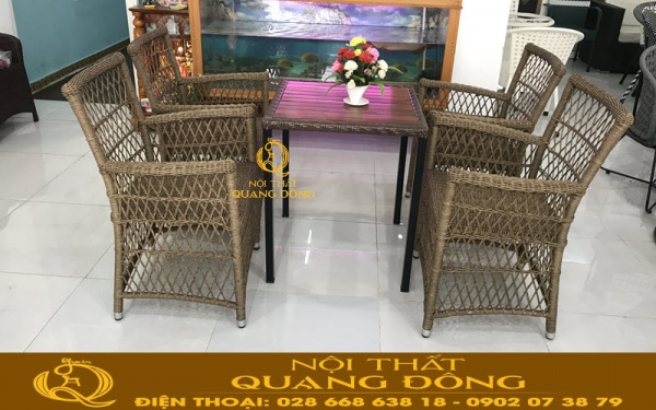 Bàn ghế giả mây dùng ngoài trời QD-293 gam màu nâu mốc tự nhiên