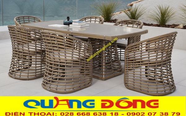 Bộ bàn 6 ghế và 1 bàn dài bằng nhựa giả mây thiết kế mới lạ đẹp mắt