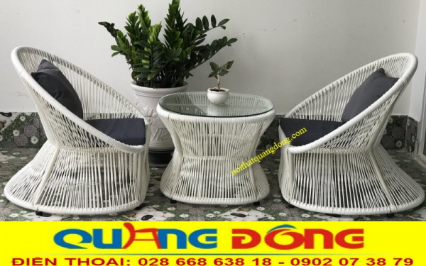 Bộ bàn ghế giả mây QD-307 màu trắng gồm 2 ghế và 1 bàn 