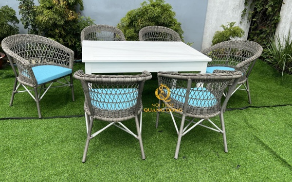Mẫu bàn ăn ngoài trời đan mây nhựa giả mây sử dụng 6 ghế