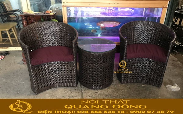 Bộ bàn ghế giả mây QD-344 màu nâu giả gỗ tại Nội Thất Quang Đông