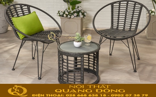 Bộ bàn 2 ghế đan sợi mây nhựa tròn màu xám QD-348 Mẫu bàn ghế giả mây tròn 8 ly QD-348 màu xám