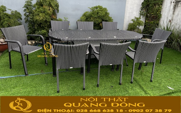 Bộ bàn BBQ 8 ghế đan mây nhựa giả mây dùng cho sân vườn QD-351