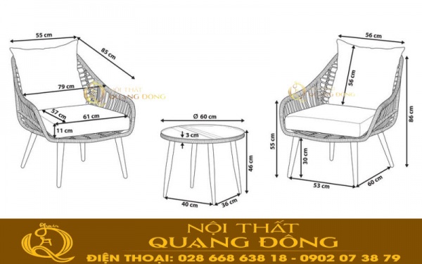 Đây là bản vẻ của sản phẩm bàn ghế giả mây QD-353 với ghi chú kích thước kỹcàng