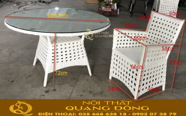 Kích thước chuẩn mẫu bàn ghế giả mây QD-357 Kích thước chuẩn bộ bàn ghế giả mây QD-357 của nhà sản xuất Nội Thất Quang Đông