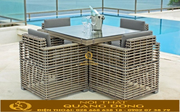 Bàn ghế giả mây QD-366 sang chảnh đẳng cấp mang thiết kế hiện đại ngày nay khu vực hồ bơi