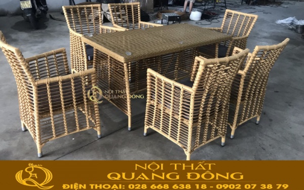 Bộ bàn ăn 8 ghế giả mây QD-368 đan sợi mây nhựa tròn siêu bền đẹp, phù hợp với sân vườn ngoài trời