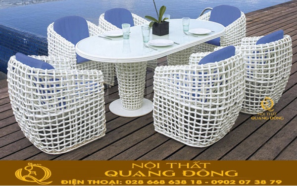 Trang trí ngoại thất sân vườn hiện đại đẳng cấp không thể thiếu bộ bàn ghế giả mây QD-369 màu trắng tinhh khiết