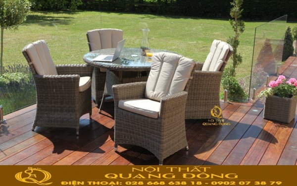 Mẫu ghế giả mây đan sợi mây nhựa tròn chuyên dùng ngoài trời QD-377 Bàn ghế giả mây QD-377 đan sợi nhựa tròn chắc chắn, tính thẩm mỹ cao