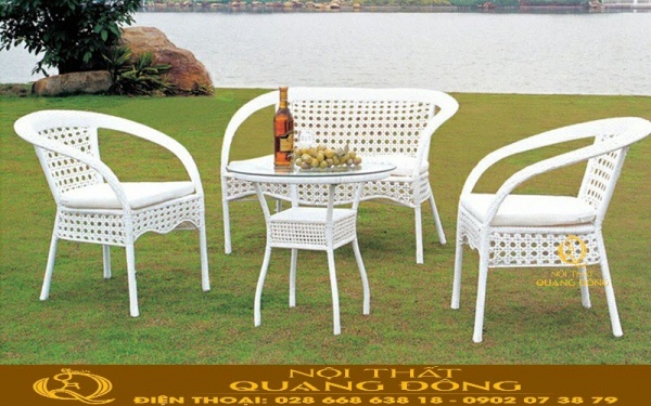 Bàn ghế giả mây QD-380 đan mắt cáo thoáng mát, gam màu trắng sang trọng