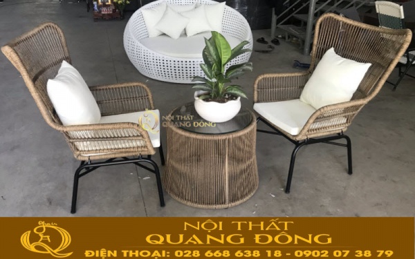Mẫu ghế giả mây ngoài trời cao cấp đan sợi tròn chắc chắn QD-387 Bàn ghế đan sợi mây nhựa tròn giả mây tre QD-387 hiện đại, bền bỉ và tiện dụng