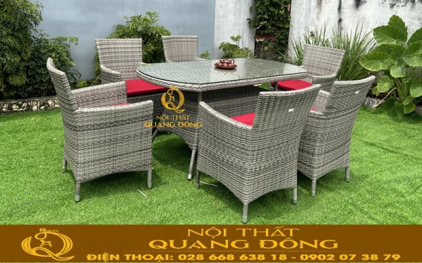 Bộ bàn 6 ghế bằng nhựa giả mây màu xám khói dùng làm bằn ăn, BBQ cho sân vườn, ngoài trời