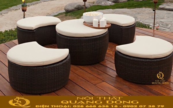 Ghế dùng cho sân vườn ngoài trời - Bàn ghế giả mây QD-398 Bộ bàn ghế giả mây QD-398 dạng đôn gây ấn tượng cho không gian sân vườn