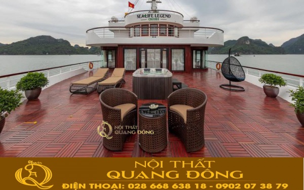 Bàn ghế ngoài trời giả mây QD-344 màu nâu giả gỗ tại boong tàu sealife Legennd