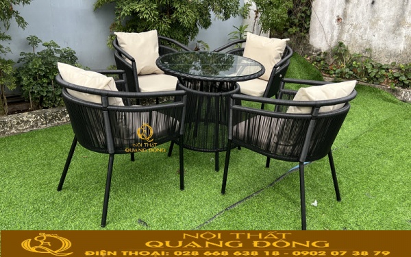 Bàn ghế sân vườn giả mây QD-2088 đan sợi mây nhựa tròn màu đen sang trọng