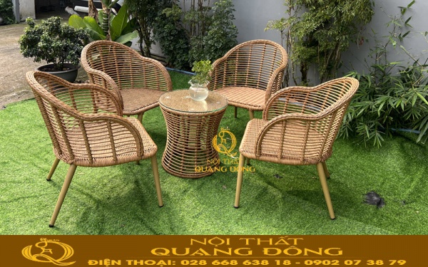 Bàn ghế giả mây QD-2097 sử dụng đan từ sợi mây nhựa tròn cao cấp bản 5 ly