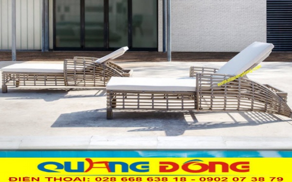 Ghế nằm thư giãn tắm nắng cho bể bơi, bãi biển QD-1250 Giường nằm hồ bơi bãi biển được đan sợi mây nhựa bản lớn 14 ly siêu bền giả mây tre tự nhiên