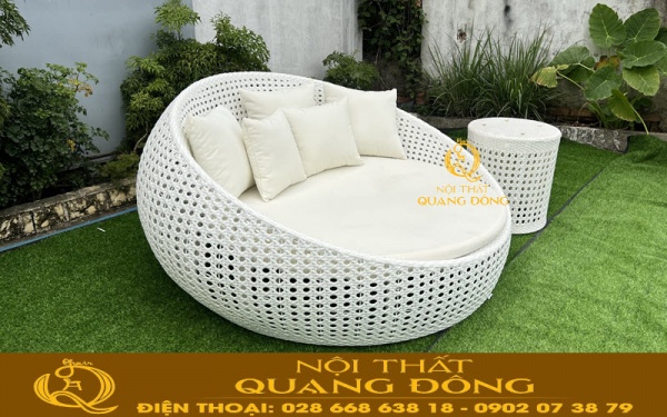 Giường tắm nắng thư giãn QD-512 đan thủ công mỹ nghệ bằng sợi mây nhựa tròn màu trắng sang trọng