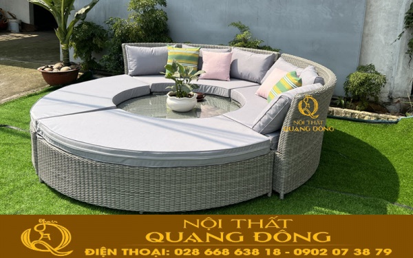Mẫu sofa tròn giả mây QD-621 ghép sát lại đường kính nguyên bộ là 2,6 mét, tối ưu cho mọi không gian