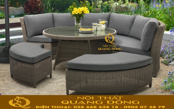 Mẫu sofa giả mây QD-627 đan sợi mây nhựa tròn, tính thẩm mỹ cao, tính năng chịu mưa nắng, sản phẩm dùng cho sân vườn ngoài trời