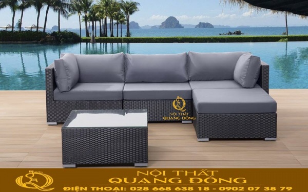 Bộ sofa giả mây QD-634 màu đen huyền thoại, sang trọng, điểm nhấn nổi bật cho ngoại thất sân vườn, khu vực hồ bơi, bãi biển