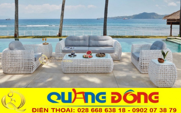 Sofa giả mây ngoài trời cao cấp QD-650 đan sợi mây nhựa bán nguyệt bản lớn 14ly giả mây tre tự nhiên