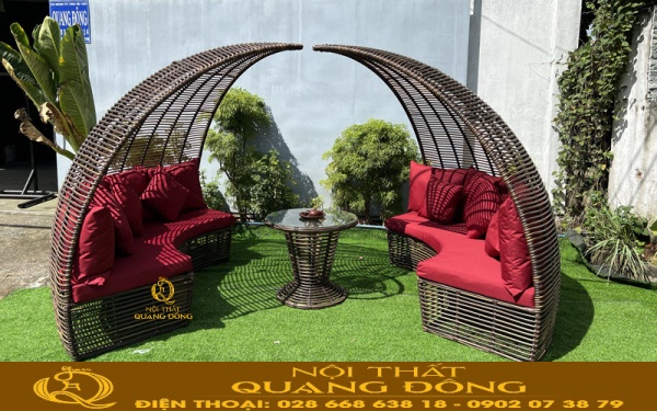 Mẫu sofa ngoài trời có mái vòm giả mây đan sợi mây nhựa QD-655