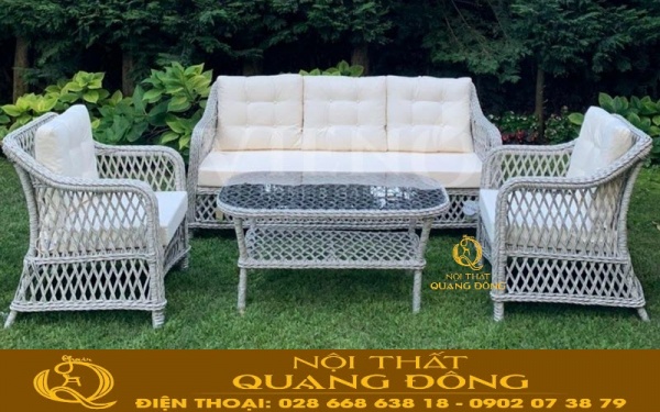 Ghế sofa giả mây QD-663 đan sợi mây nhựa tròn, kết hợp kiểu đan carô vô cùng thoáng đãng, tuyệt đẹp cho sân vườn ngoài trời