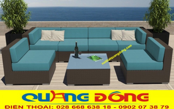 Ghế sofa vuông hình chữ U dùng cho sân vườn ngoài trời, bộ sofa giả mây QD-665
