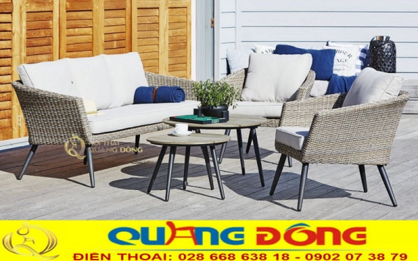 Bộ bàn ghế sofa ngoài trời đan mây nhựa giả mây QD-691 Bàn ghế sofa Qd-691 thiết kế kiểu dáng thanh gọn, chân ghế cao thoáng giải pháp tối ưu cho sân vườn, khu vực ngoài trời
