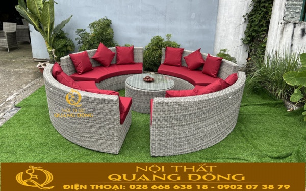 Mẫu sofa tròn giả mây QD-698 màu xám chu kỳ tự nhiên nhã nhặn, điểm nhấn ấn tượng tiện nghi sang trọng cho không gian ngoại thất sân vườn