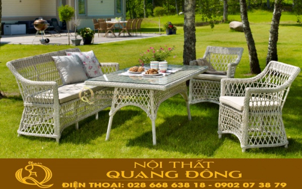 Ghế sofa giả mây QD-699 sợi tròn kết hợp kiểu đan caro thân thiện gần gũi với thiên nhiên