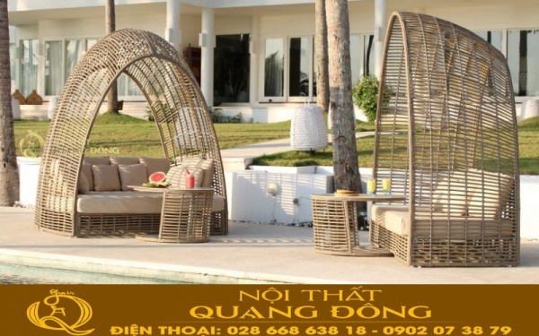 Mẫu ghế sofa giả mây dùng cho sân vườn ngoài trời QD-708 Sofa ngoài trời có mái vòm độc lạ bằng nhựa giả mây QD-708