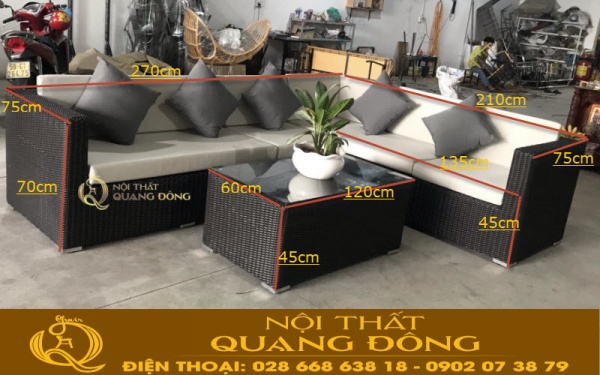 Kích thước sofa góc giả mây QD-709 Kích thước tiêu chuẩn bộ sofa góc chữ L QD-709 Nội thất Quang Đông