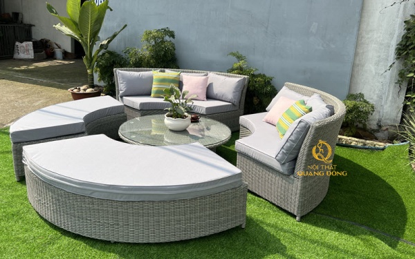 Mẫu sofa tròn dùng cho sân vườn ngoài trời đan nhựa giả mây QD-621