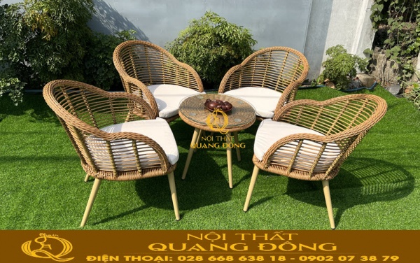 Bàn ghế giả mây QD-2046 đan sợi mây nhựa tròn siêu bền chịu nắng mưa, thích hợp với sân vườn
