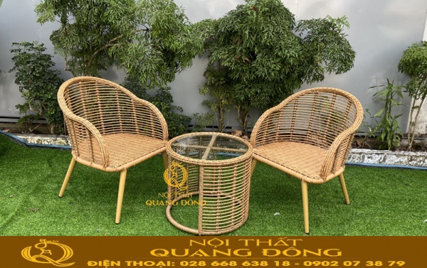 Bàn ghế giả mây QD-2046 sang trọng với 2 ghế 1 bàn sử dụng cho không gian ban công rất thích hợp