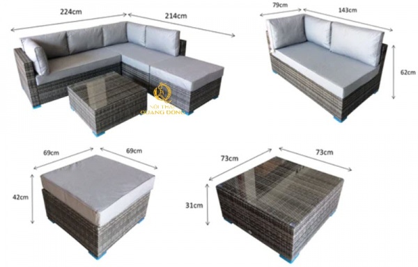 Kích thước sofa giả mây QD-666 được thể hiện trên hình ảnh