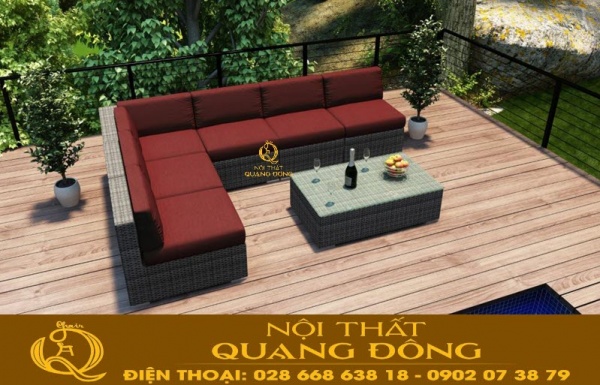 Sofa mây nhựa QD-728 kèm theo nệm lót màu đỏ đô