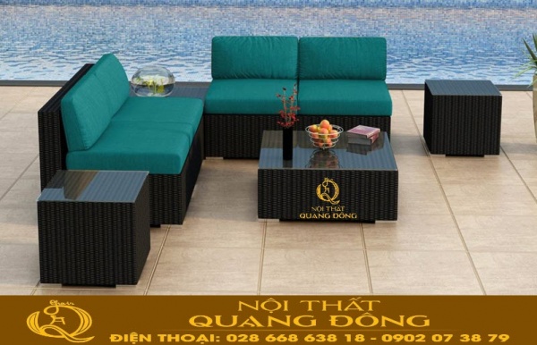 Sofa mây nhựa QD-736 kết hợp nệm màu xanh lá