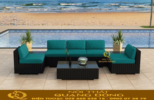 Sofa mây nhựa QD-738 với màu đen mượt mà của sofa kết hợp nệm lót xanh nổi bật
