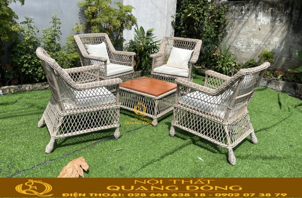 Bàn ghế dùng cho sân vườn ngoài trời đan sợi nhựa giả mây tròn bền đẹp, kiểu dáng mới kết hợp kiểu đan ca rô thoáng đãng