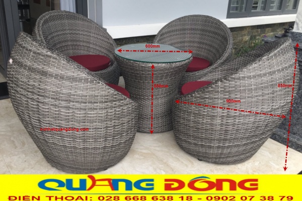 Quy cách chuẩn bộ bàn ghế giả mây QD-211 màu xám, Cung cấp bởi Nội Thất Quang Đông