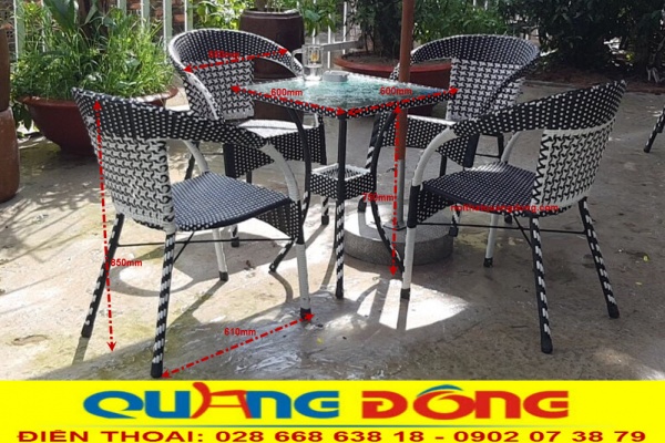 Kích thước bộ bàn ghế giả mây QD-281 Nội thất Quang Đông Hình ảnh minh họa thể hiện thông số quy cách tiêu chuẩn mẫu bàn ghế giả mây QD-281