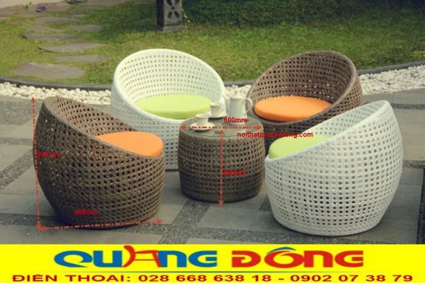 Bộ bàn ghế giả mây QD-346 thiết kế hình trứng kết hợp kiểu đan mắt cáo sang trọng 