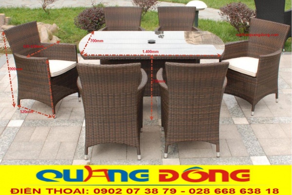 Kích thước tiêu chuẩn của bộ bàn ghế giả mây QD-393 dùng cho sân vườn ngoài trời 