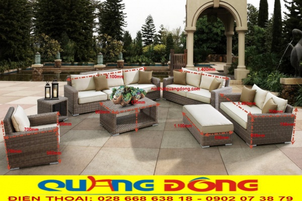 Quy cách tiêu chuẩn bộ sofa giả mây QD-659 đan dây bán nguyệt sản phẩm dùng cho sân vườn ngoài trời