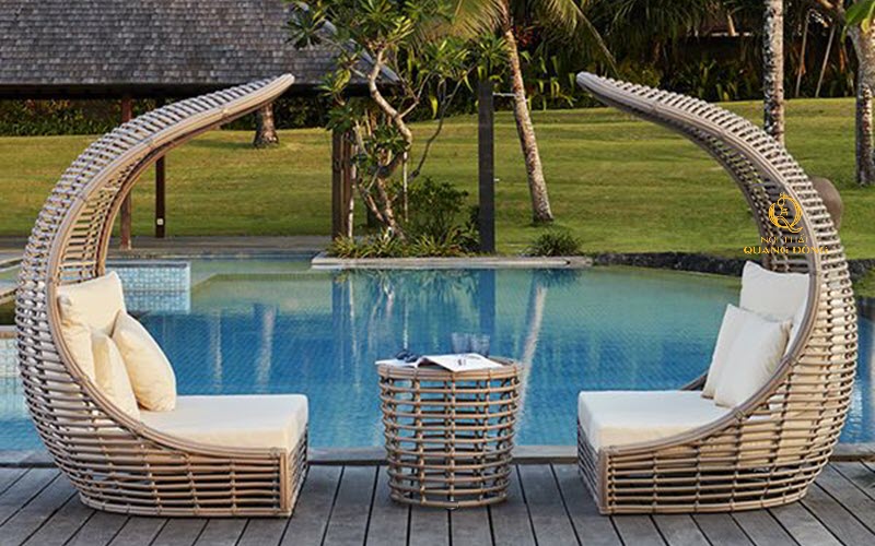 Bàn ghế giả mây QD - 2079 kiểu dáng độc đáo nâng tầm đẳng cấp không gian hồ bơi